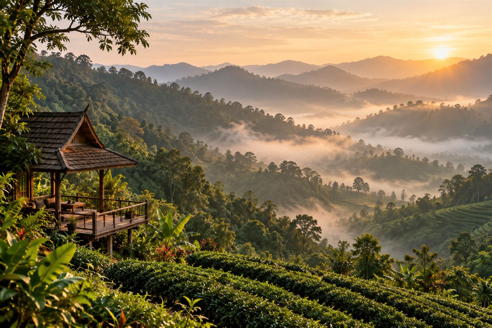 ภาพ AI ภูเขาภาคเหนือและหุบเขายามเช้า ไม่ใช่สถานที่จริงเฉพาะแห่ง