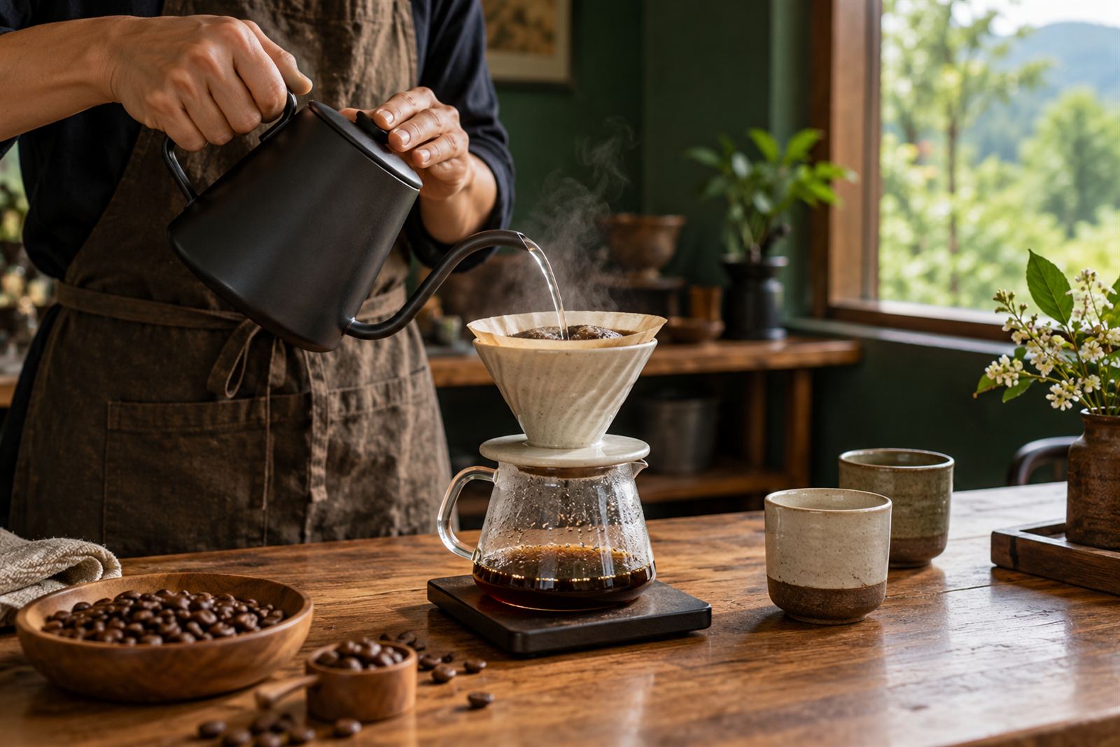 ภาพ AI มือกำลังดริปกาแฟในสตูดิโอไม้
